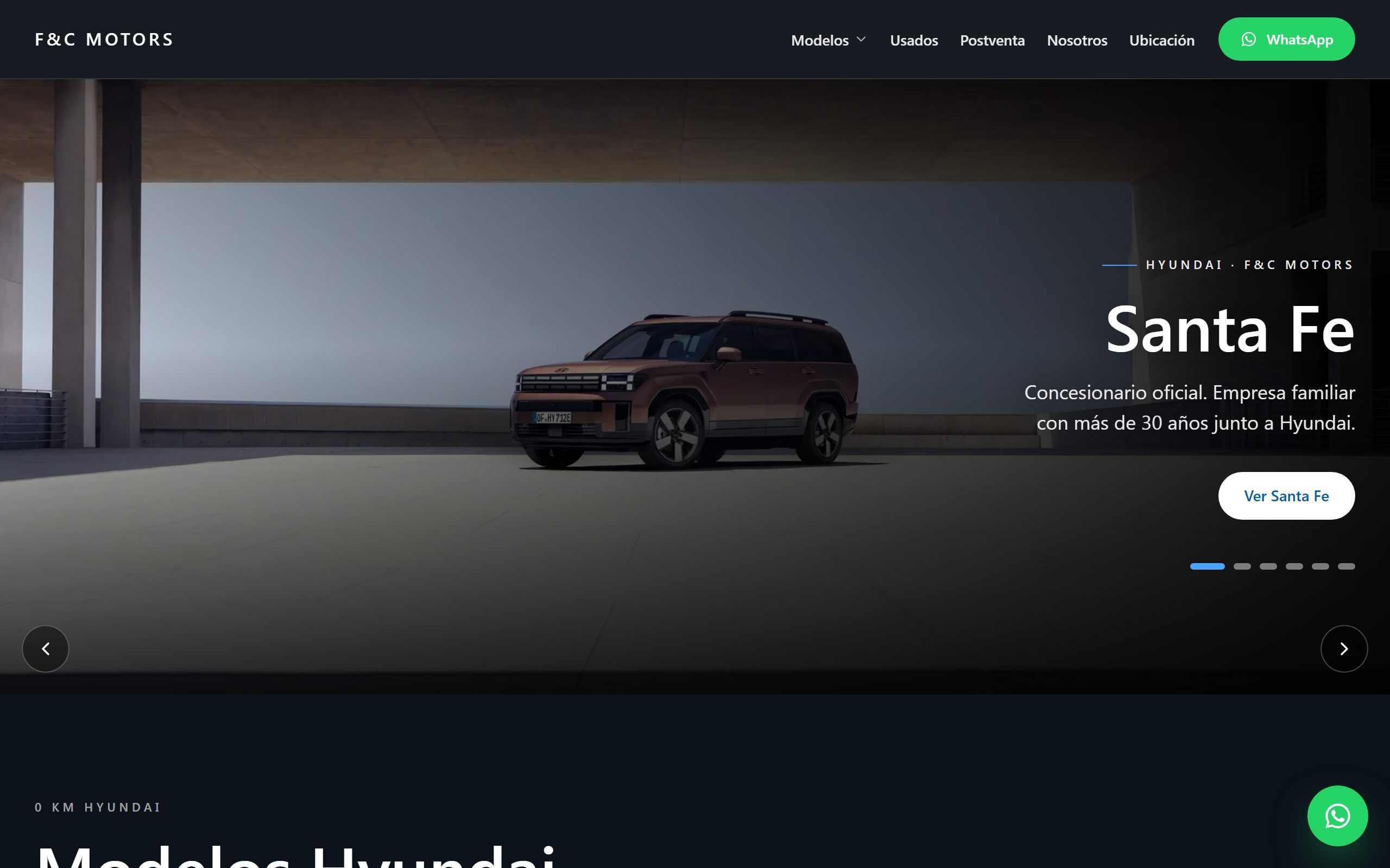 Portada de la web de F&C Motors: catálogo de vehículos sobre fondo oscuro