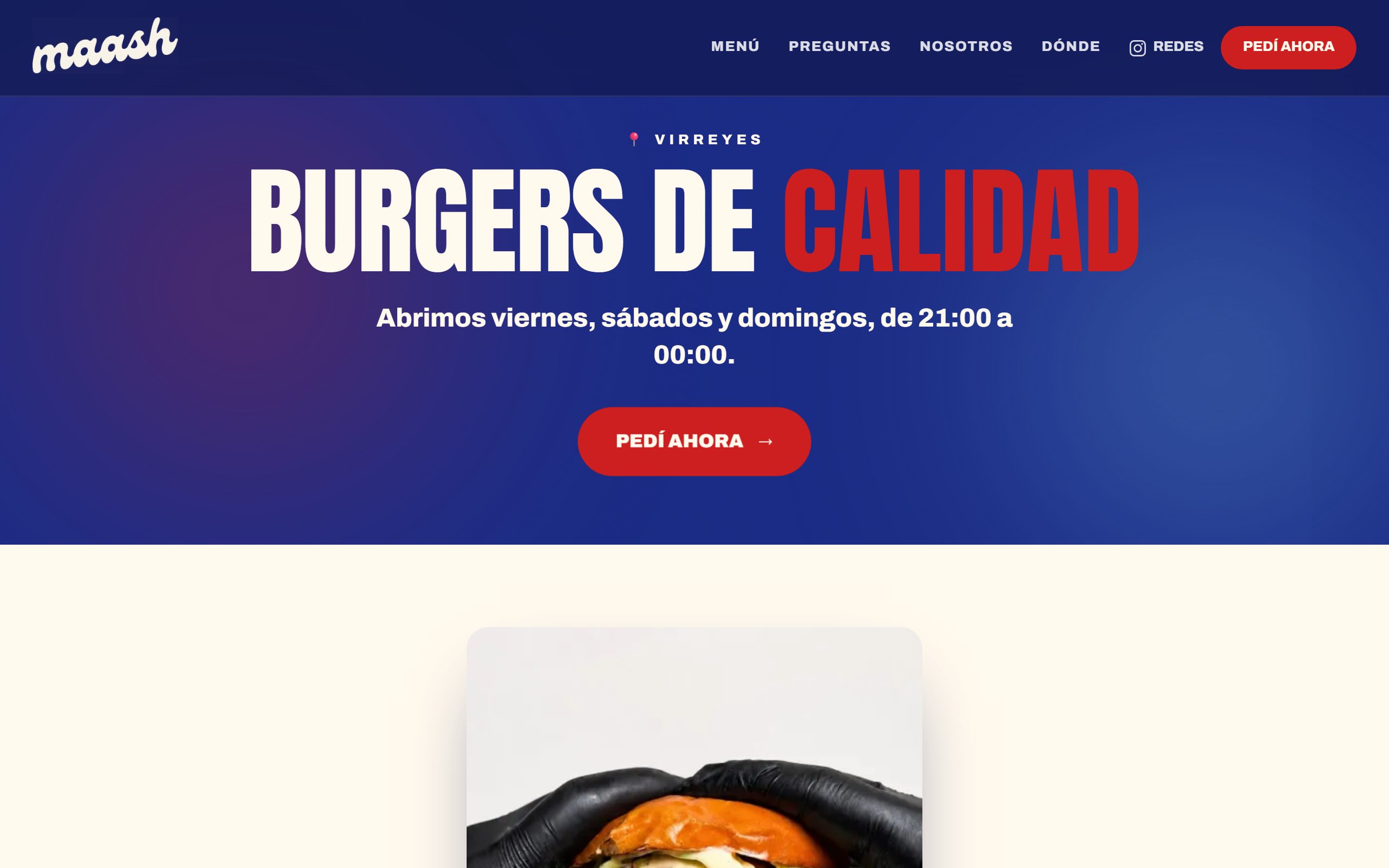 Portada de la web de MAASH: hamburguesas sobre fondo oscuro con el armador de pedidos