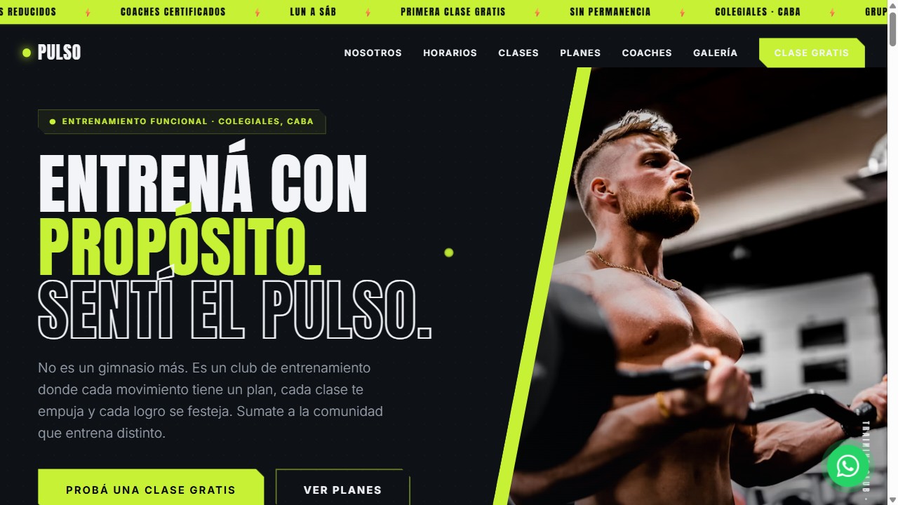 Portada de la web de PULSO: titular «Entrená con propósito. Sentí el pulso.» sobre fondo negro con acentos lima
